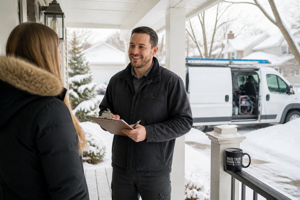 Friendly HVAC technician discussing furnace repair with a homeowner on a snowy front porch