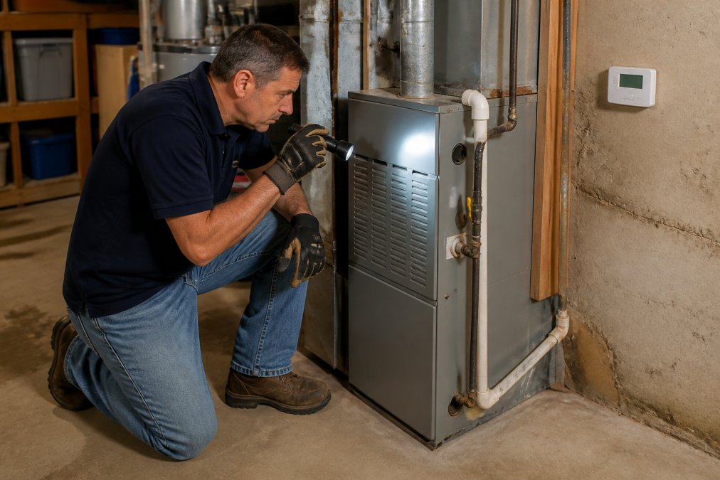 A homeowner kneeling beside a residential furnace in a basement, inspecting the unit with a flashlight while wearing work gloves, with a thermostat visible on the wall behind