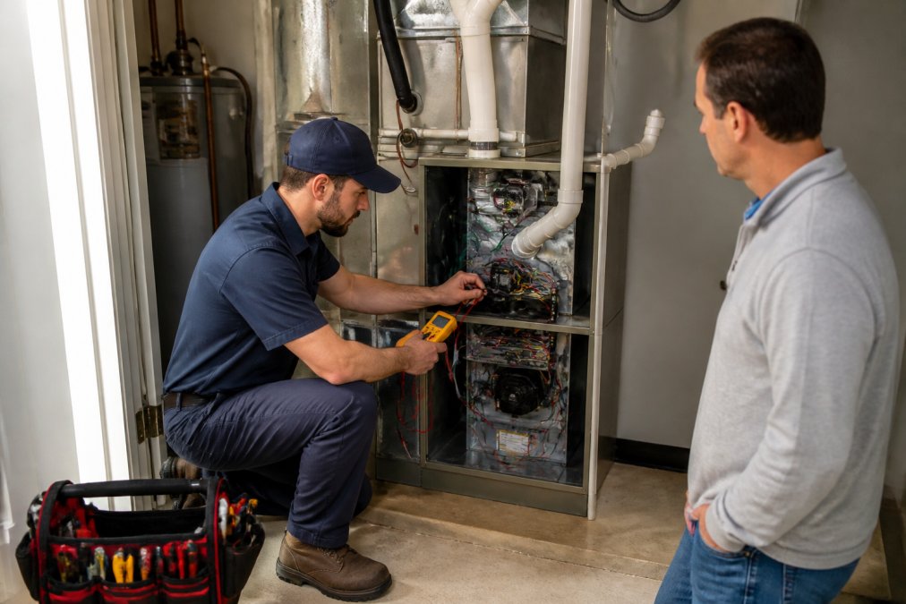 HVAC technician using a multimeter to inspect a furnace during a furnace repair vs replacement assessment