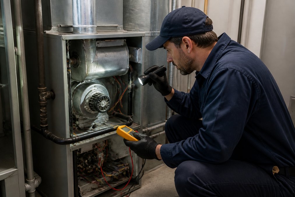 HVAC technician performing a furnace tune up by inspecting an open unit with a flashlight and multimeter