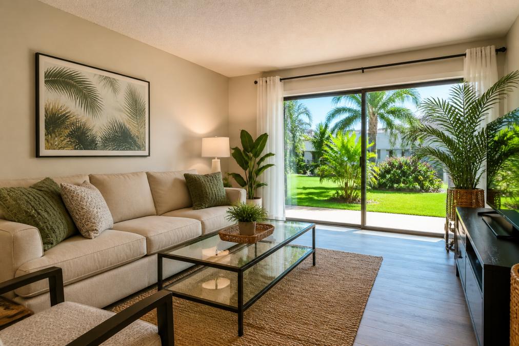 Sunlit living room of a furnished Boca Raton apartment with a beige sofa, glass coffee table, and sliding doors opening onto palm-lined garden landscaping