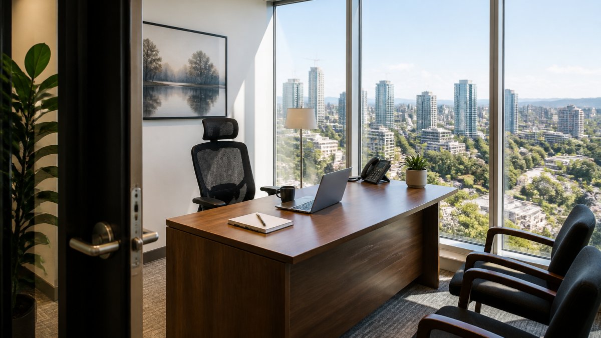 A bright, modern furnished private office with a wooden desk, ergonomic chair, and floor-to-ceiling windows overlooking a city skyline, with a laptop and coffee cup on the desk