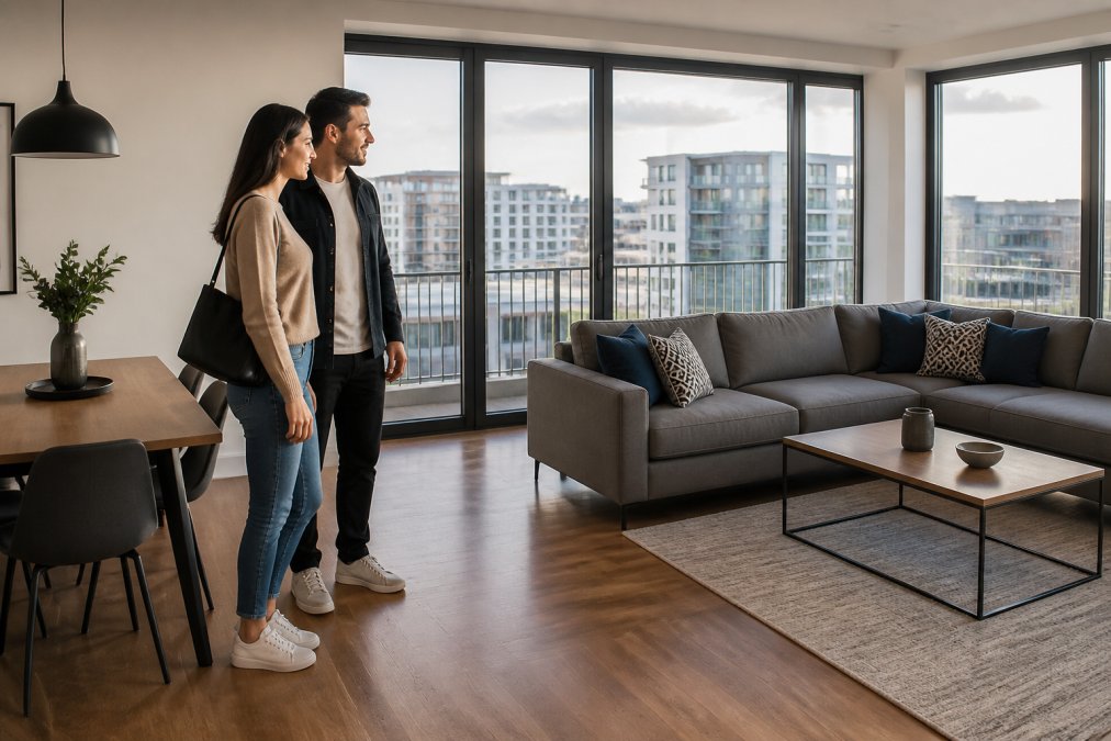 Young professional couple viewing a modern, furnished apartment with contemporary grey sofa, wooden dining table, and bright floor-to-ceiling windows in a contemporary living room