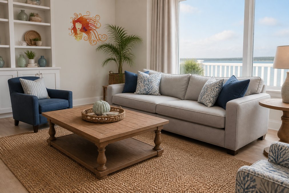 Infographic illustrating durable furniture choices for vacation rentals featuring a sunlit living room layout.