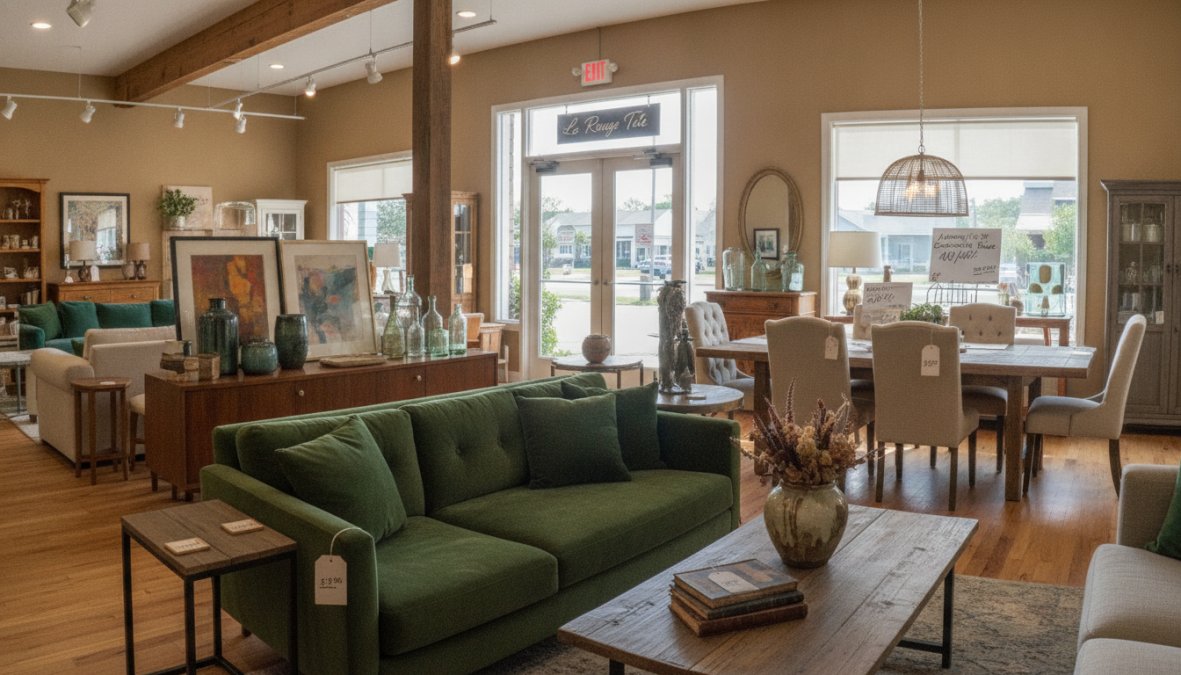 Upscale furniture consignment shop interior with carefully arranged pre-loved furniture pieces, warm lighting highlighting fabric textures and wood finishes, price tags visible on sofas and chairs