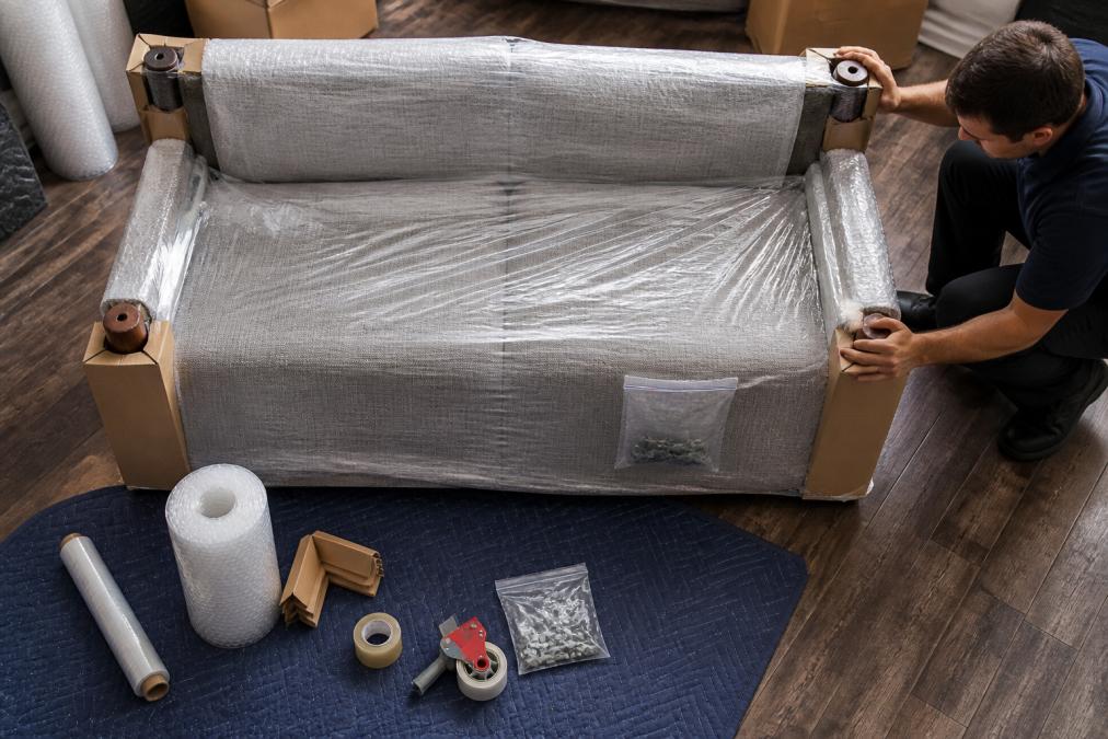 Sofa being wrapped in protective plastic and bubble wrap to prepare for furniture delivery alternatives.