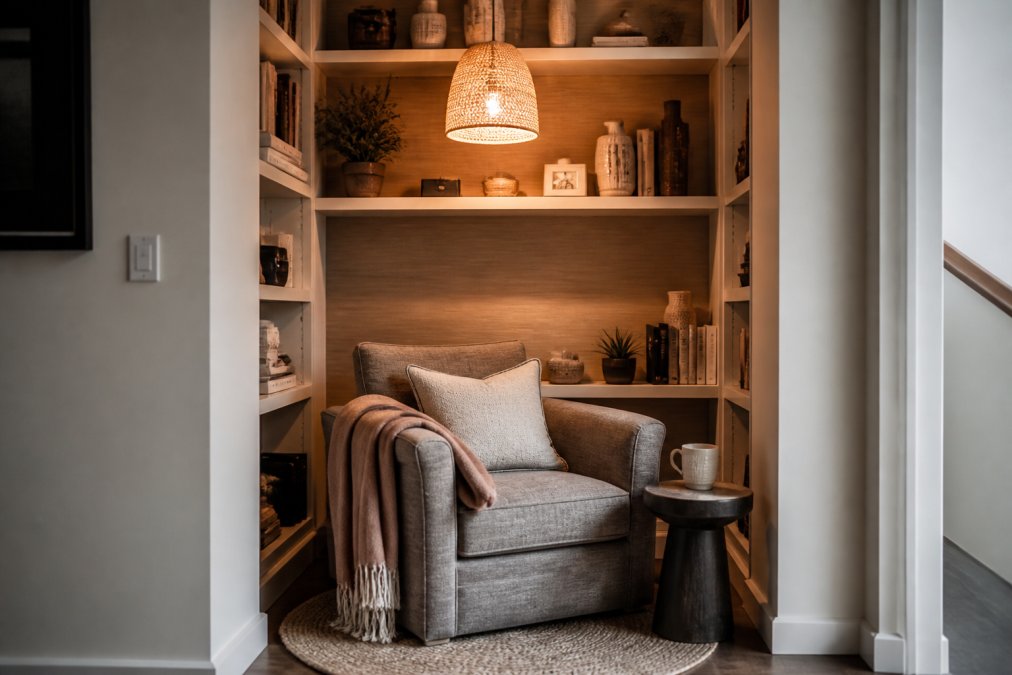 Cozy reading nook featuring furniture for odd shaped alcoves, a plush armchair, and built-in bookshelves.