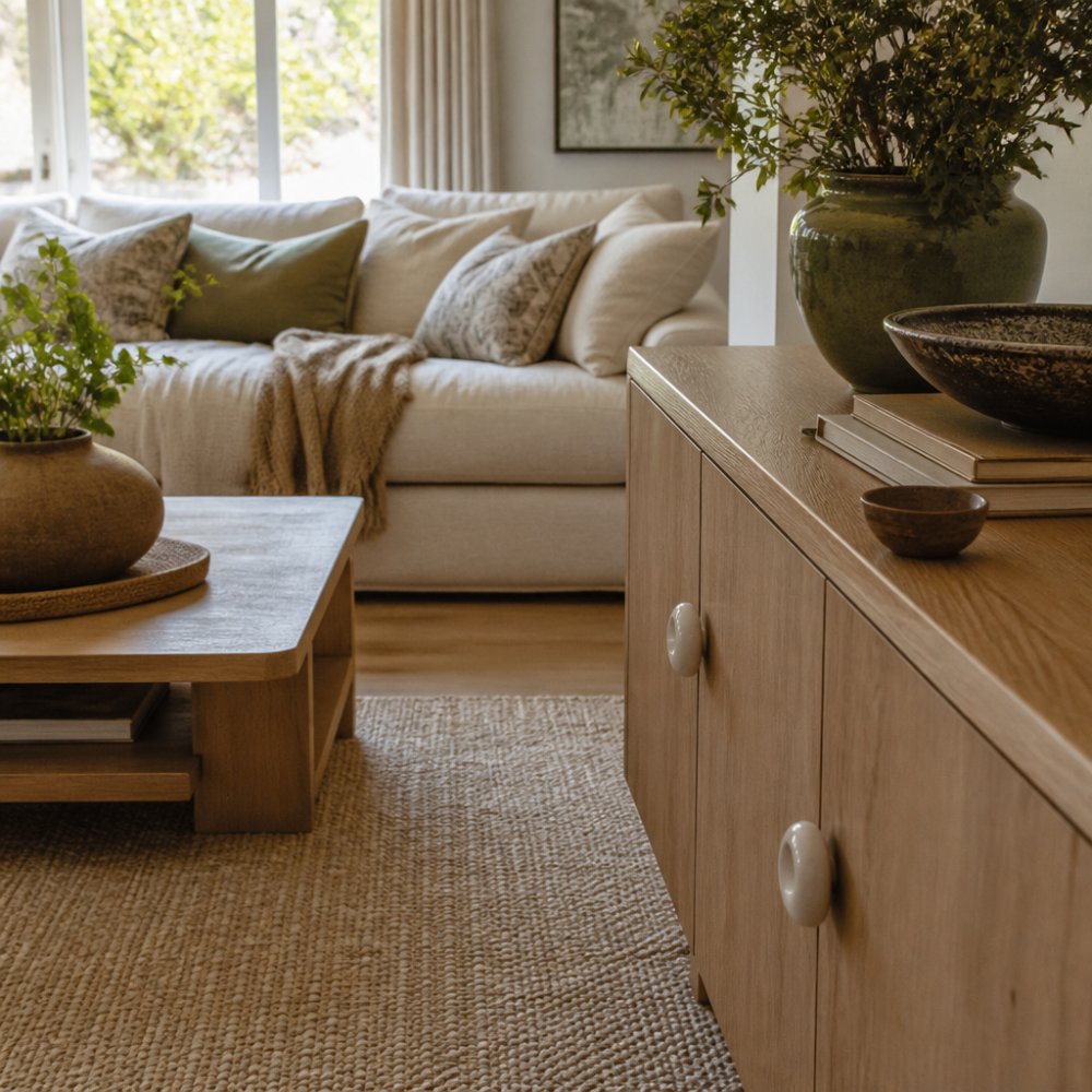 A sunlit living room in an Australian home with a linen sofa, layered wool throws, decorative cushions, and a ceramic knob detail on a timber sideboard