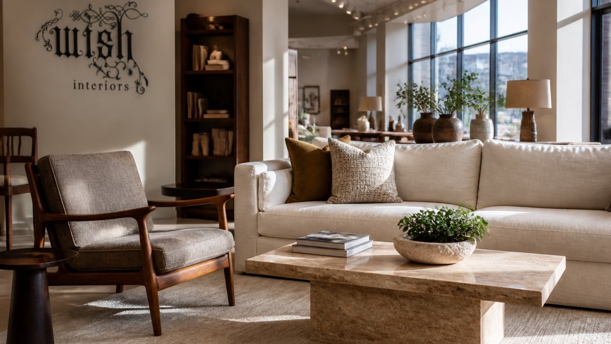 A well-lit furniture showroom interior with a linen sofa, a walnut armchair and a travertine coffee table arranged in a styled display, warm afternoon light through large windows