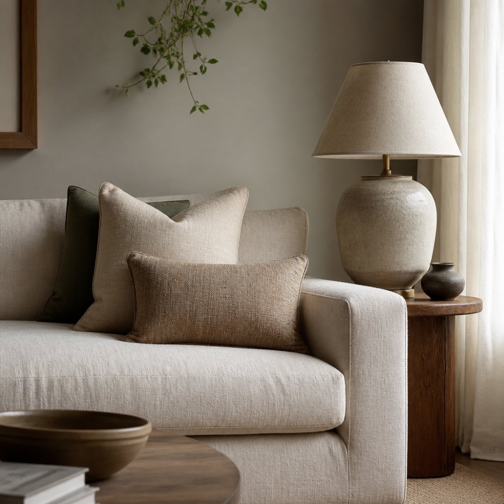 A styled living room corner with a linen sofa, layered cotton cushions and a ceramic table lamp, natural light through sheer curtains, warm neutral palette