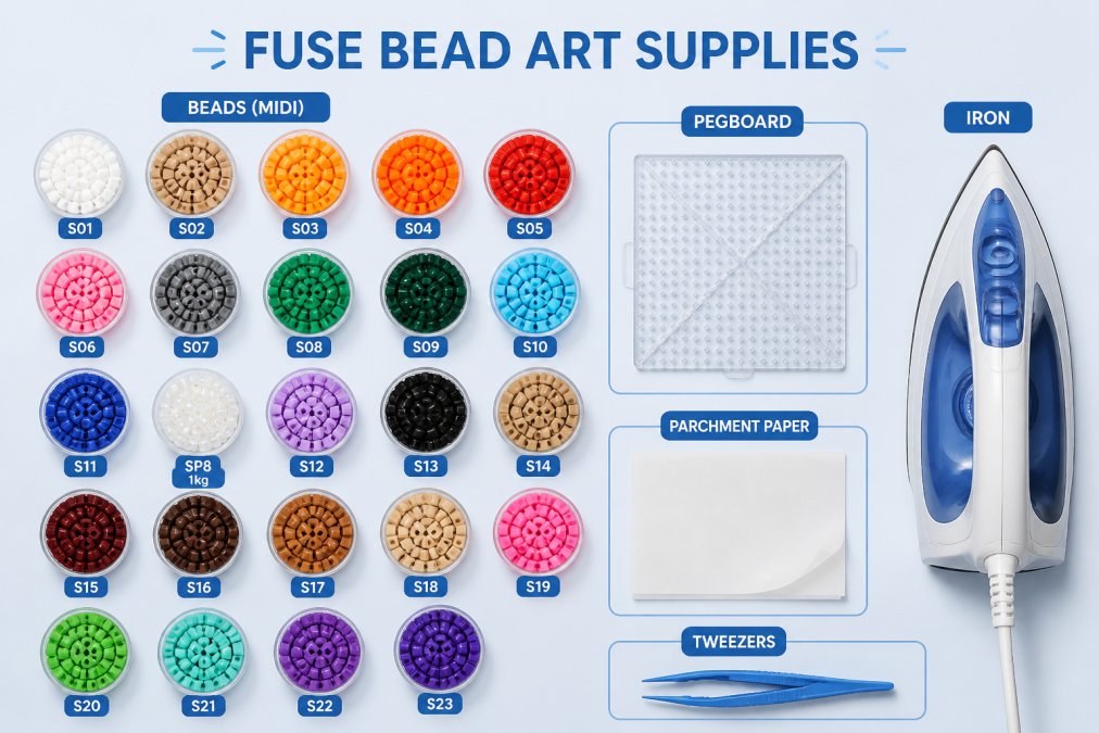 Flat lay of fuse bead craft supplies on a bright white table: bowls of colorful sorted plastic beads, a square pegboard, parchment paper, plastic tweezers, and a household iron placed to the side under warm natural light