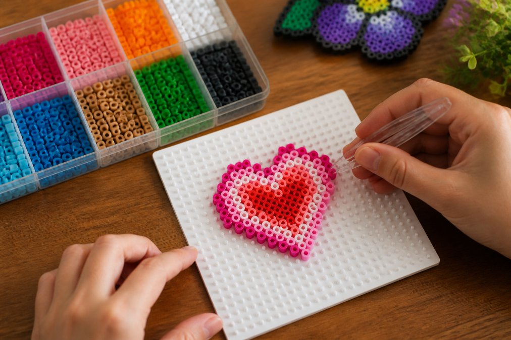 Close-up of a pair of hands using clear plastic tweezers to carefully place small colorful fuse beads onto a white square pegboard forming a simple pixel art heart pattern, on a wooden desk with warm overhead lighting