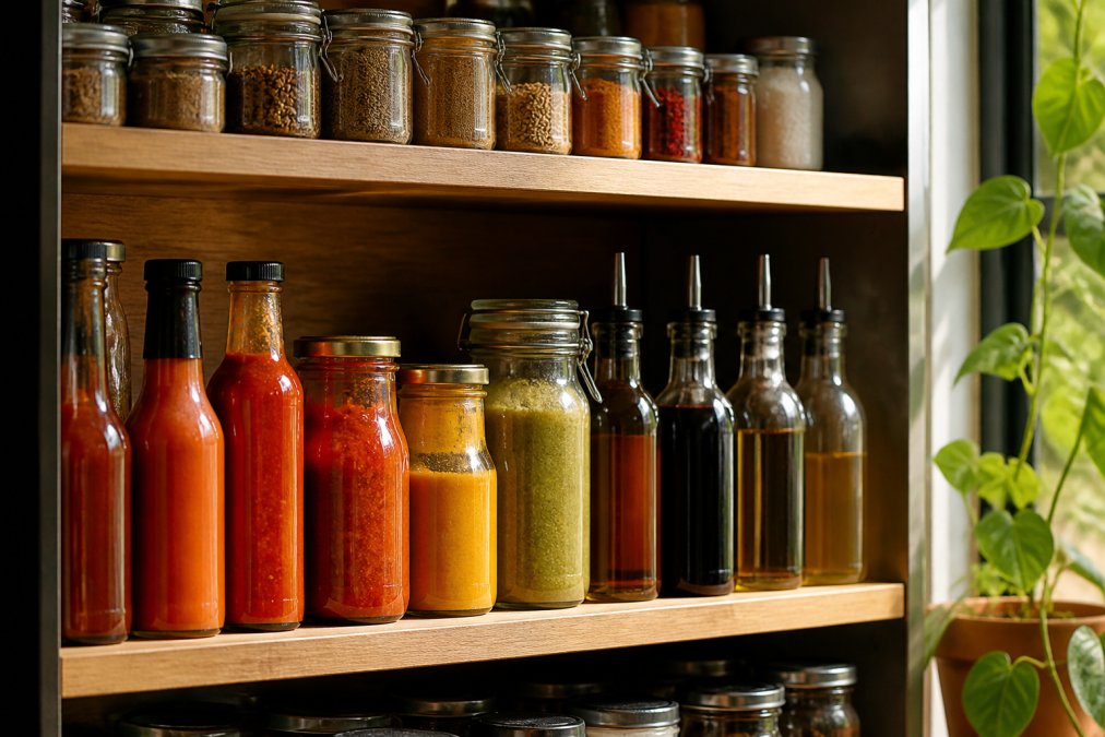 Well-organised kitchen shelf displaying colourful sauce bottles and seasoning jars with warm natural light highlighting labels and textures, including Moroccan Harissa, Peri Peri, and vinegar bottles arranged by colour
