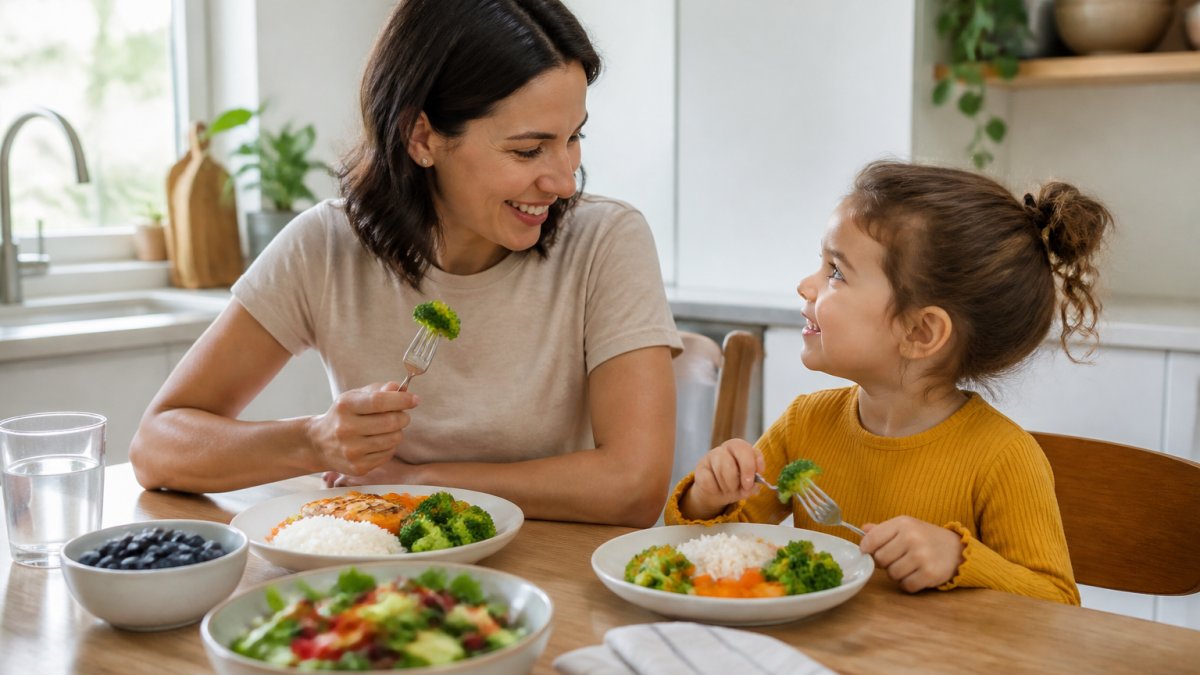 Parent and young child sitting together at a dining table sharing a meal in a calm, bright kitchen with soft natural light and minimal distractions