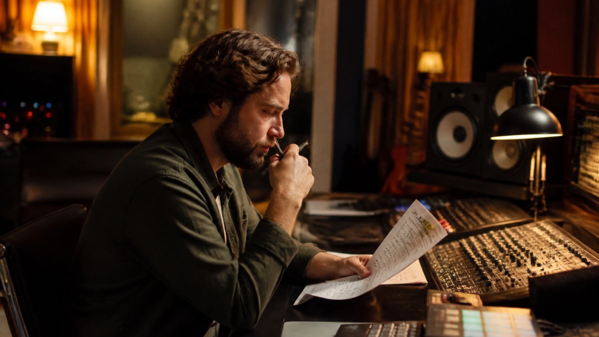 Music producer reviewing detailed royalty reports and analytics on a computer screen in a professional home studio with warm lighting and equipment visible