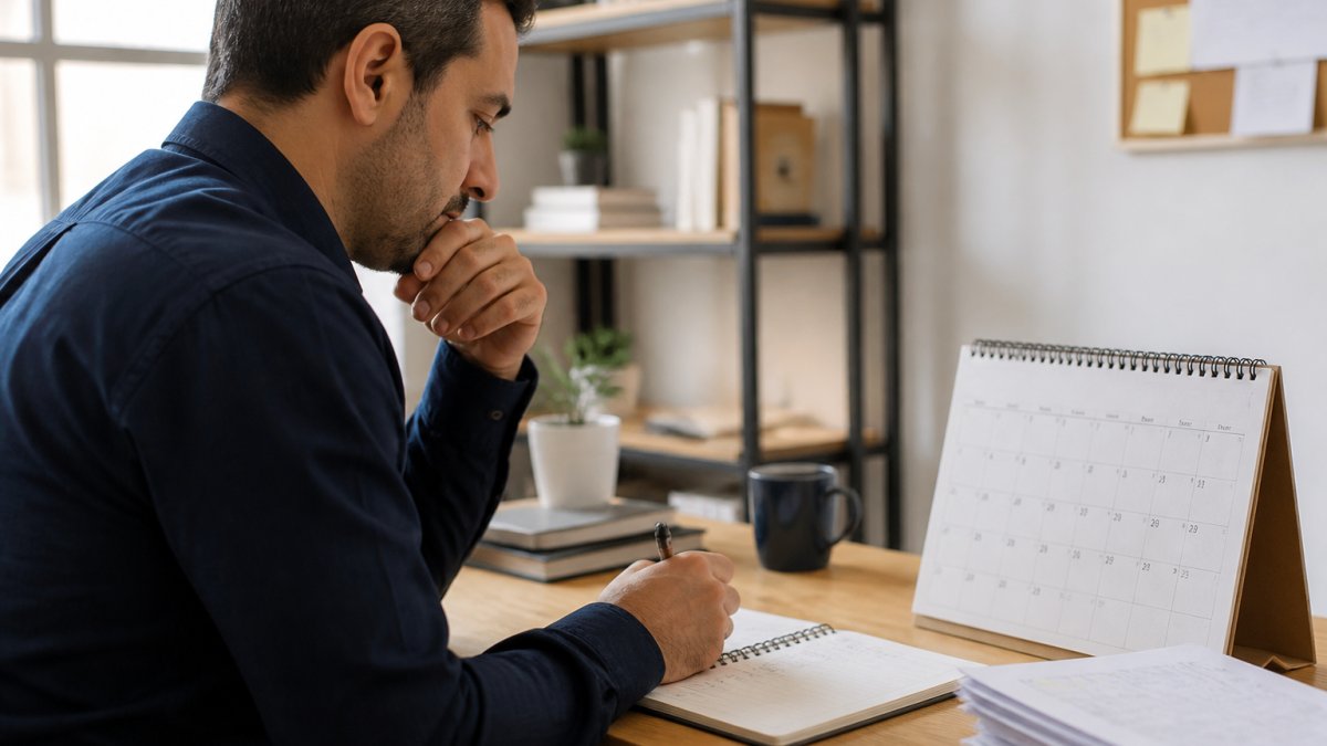 Entrepreneur planning future-proof business income streams using a calendar and laptop at a sunlit desk