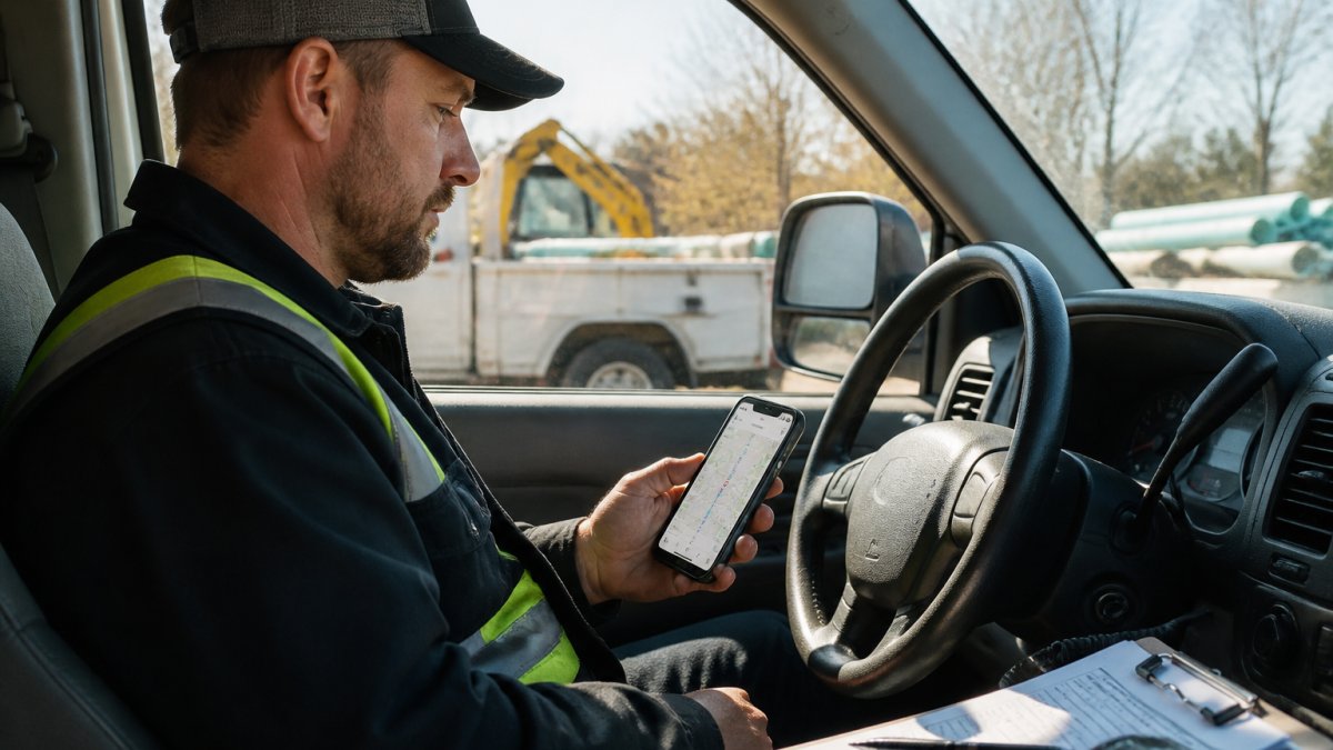 Field technician in work truck cab reviewing mobile work orders and route information on smartphone screen with GPS map displayed, natural daylight through window