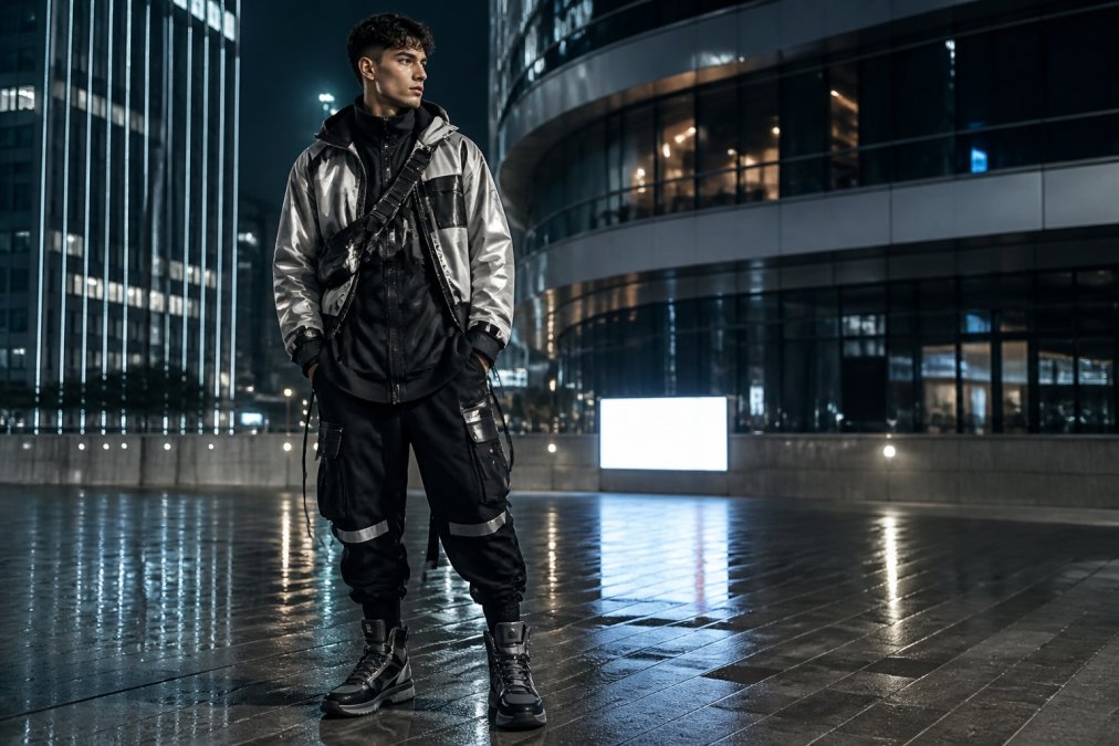 Urban dweller wearing layered techwear ensemble with reflective jacket panels, geometric cut cargo pants, and technical footwear standing against modern city architecture with evening neon signage