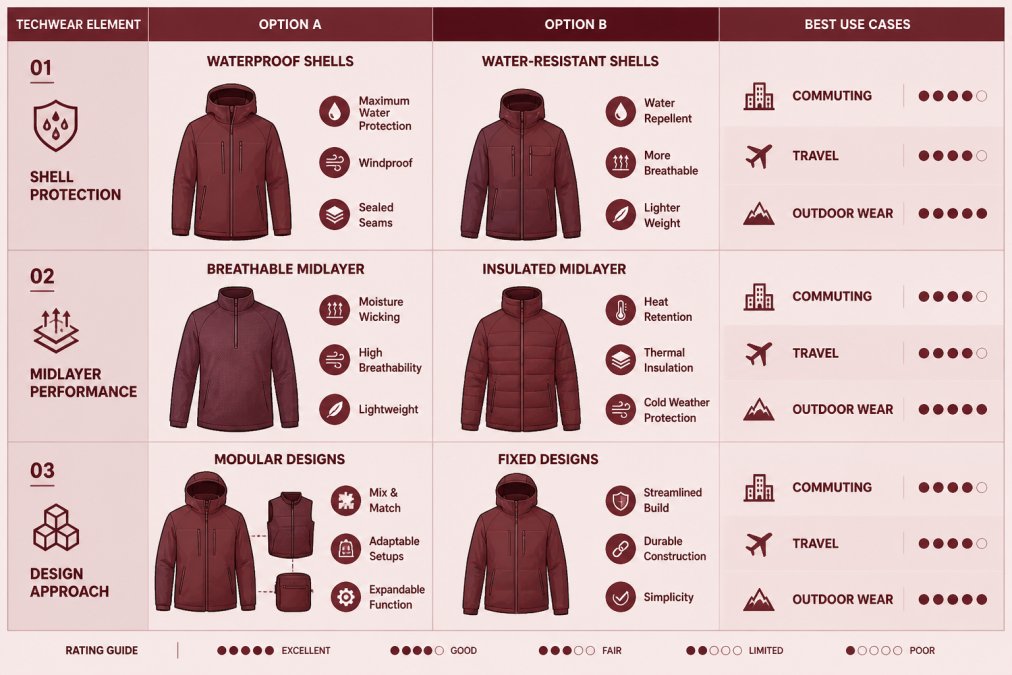 Comparison matrix of techwear elements: waterproof vs. water-resistant shells, breathable vs. insulated midlayers, modular vs. fixed designs, with best use cases for commuting, travel, and outdoor wear