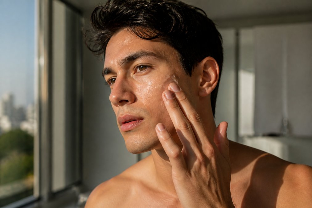 Close-up of a young man applying lightweight serum to his face, with visible texture and luminosity of the product on skin, natural morning light from window
