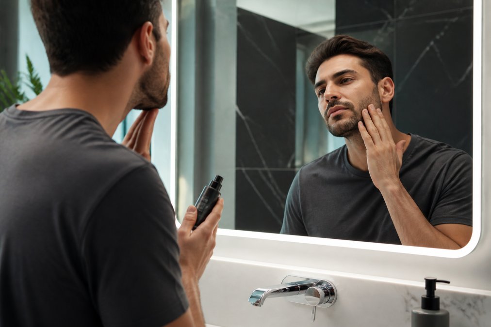 Modern man in sleek contemporary bathroom, examining his skin in a well-lit mirror while holding a premium skincare product, expression of focused self-care and confidence