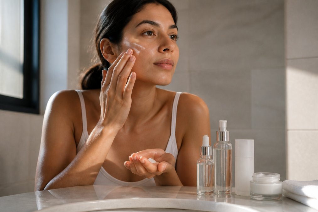 Close-up of hands applying serum and moisturizer to face in natural morning light, with skincare bottles arranged on a minimalist bathroom counter