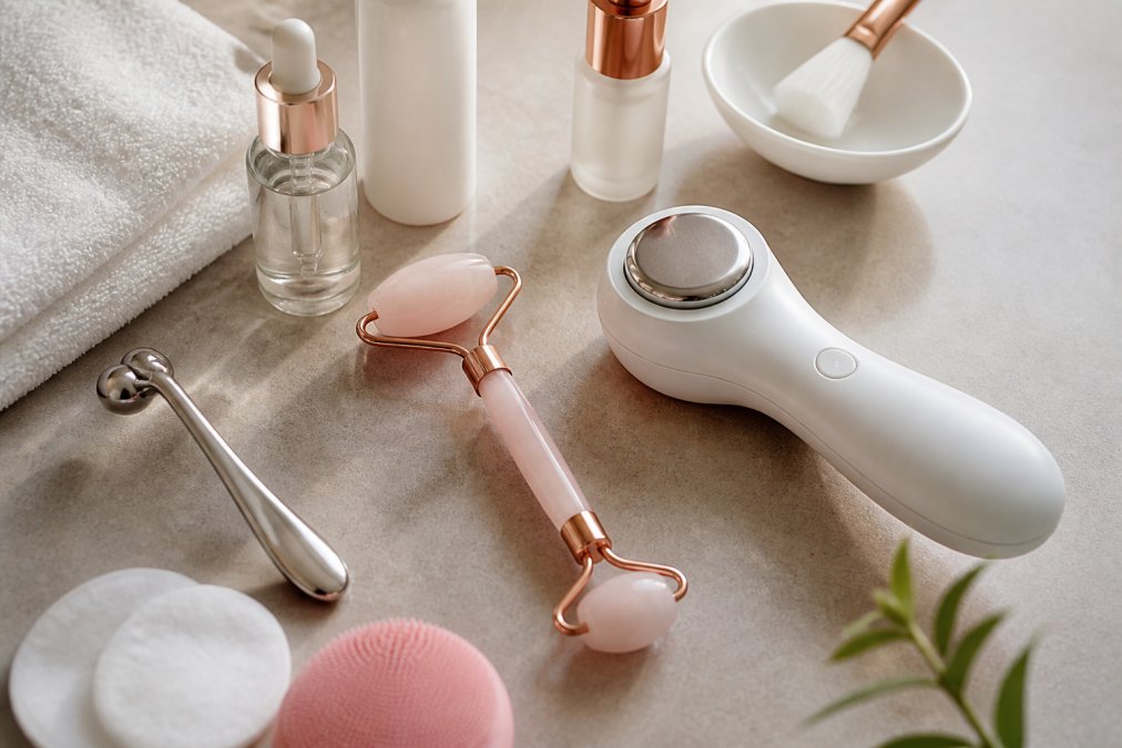Flat lay of modern skincare tools including facial roller and device on a sleek surface with soft lighting, showing texture and premium quality