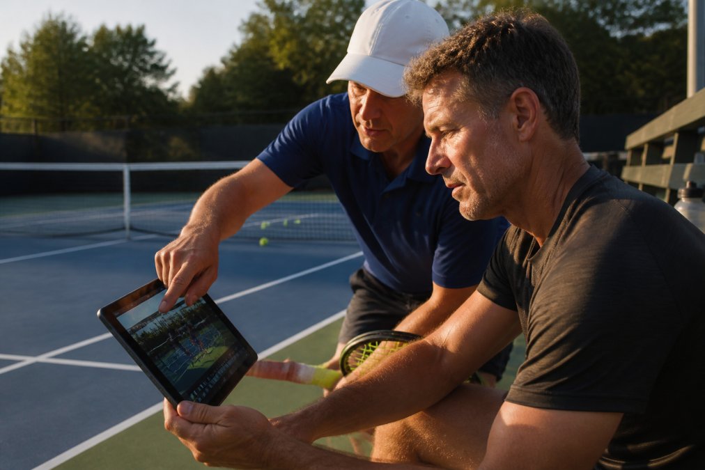 A focused adult tennis player in their 40s reviewing video analysis on a tablet at the side of a tennis court, with a coach pointing at the screen under late afternoon light