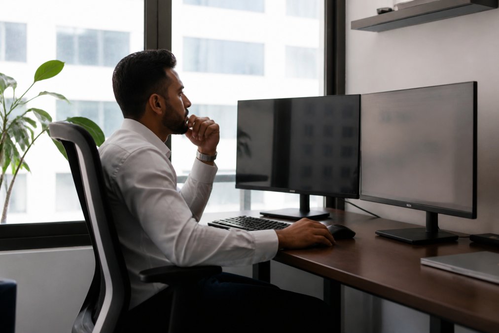 Professional trader monitoring multiple screens displaying real-time market data, trading charts, and performance metrics in a modern home office with dual monitors and natural lighting