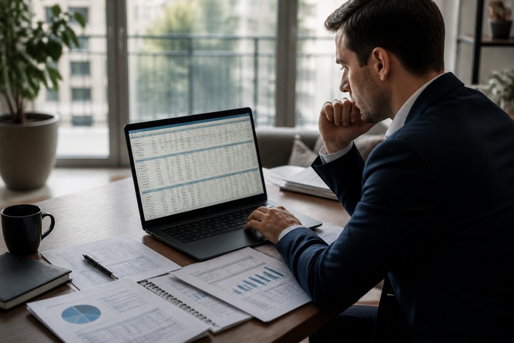 Financial professional reviewing trading performance metrics, risk parameters, and account statements on a laptop with financial reports and charts visible nearby in a modern office setting with natural lighting