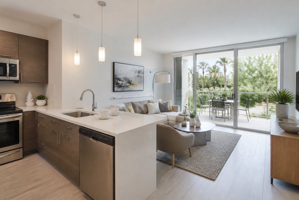 Modern apartment interior featuring stainless steel appliances, quartz countertops, floor-to-ceiling windows, and a spacious private balcony overlooking lush landscaped grounds and garden pathways