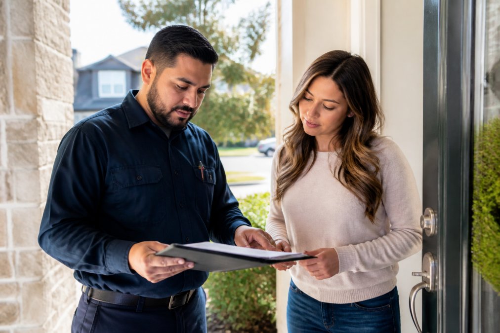 HVAC technician in uniform reviewing service paperwork and contractor credentials with a homeowner at their front door in professional home setting with natural afternoon lighting