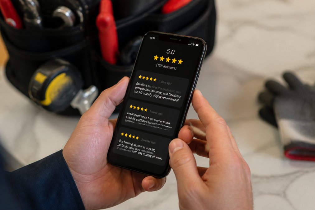 Close-up of smartphone displaying positive customer reviews and five-star ratings for local HVAC contractor service with testimonial text visible
