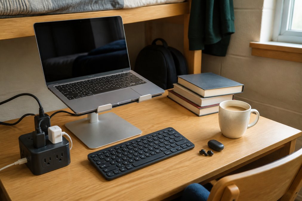 A college student's dorm desk with a laptop on a stand, noise-canceling earbuds, a compact power strip, and a foldable keyboard, with textbooks and a coffee mug nearby