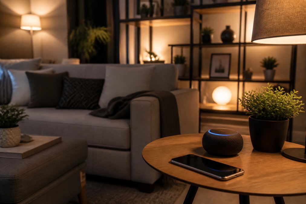 A tidy modern living room with a smart speaker on a shelf, warm ambient lighting from smart bulbs, and a smartphone on a side table showing a home automation app