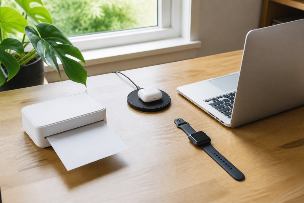 A clean home office desk with a wireless charging pad, a smart watch resting beside a laptop, and a compact portable printer in natural daylight from a nearby window