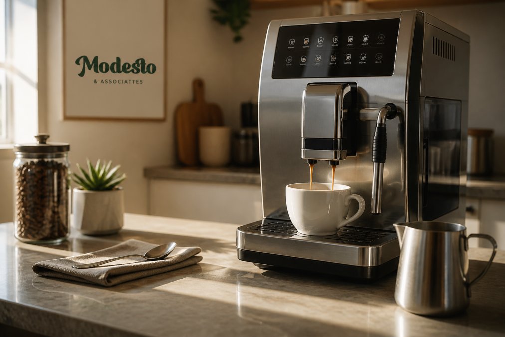 Sleek stainless steel super-automatic espresso machine, a great Gaggia alternative, brewing coffee on a kitchen counter.