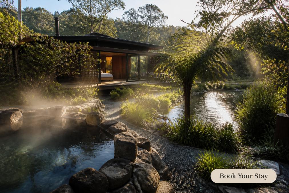 Serene private villa nestled in natural bushland with thermal pools and peaceful garden surroundings, soft morning light filtering through native trees, emphasising solitude and tranquillity