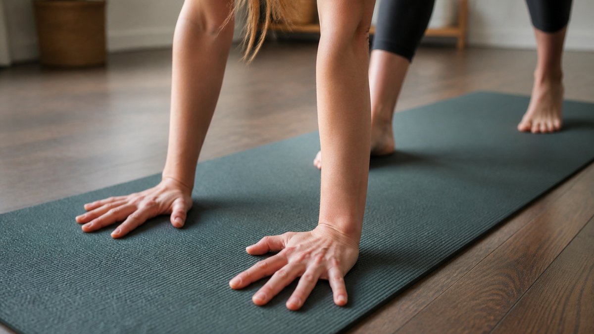 Close-up of a woman's hands pressing into a natural rubber yoga mat on a hardwood floor, showing the textured surface and grip during a standing pose