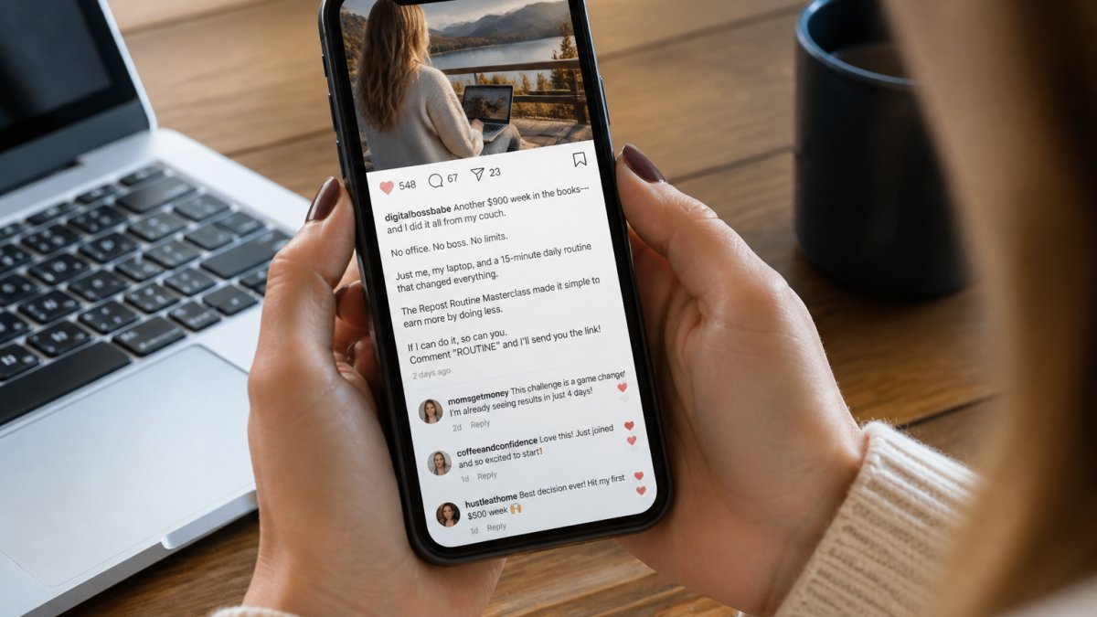 Close-up of hands holding a smartphone displaying an Instagram post with a well-written caption, engagement metrics visible, and genuine follower comments showing real interaction