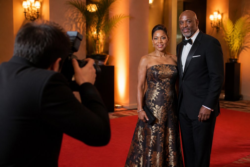Professional photographer capturing gala attendees on a red carpet at a formal event, with elegant evening wear and composed expressions, warm uplighting illuminating faces and textures of formal attire