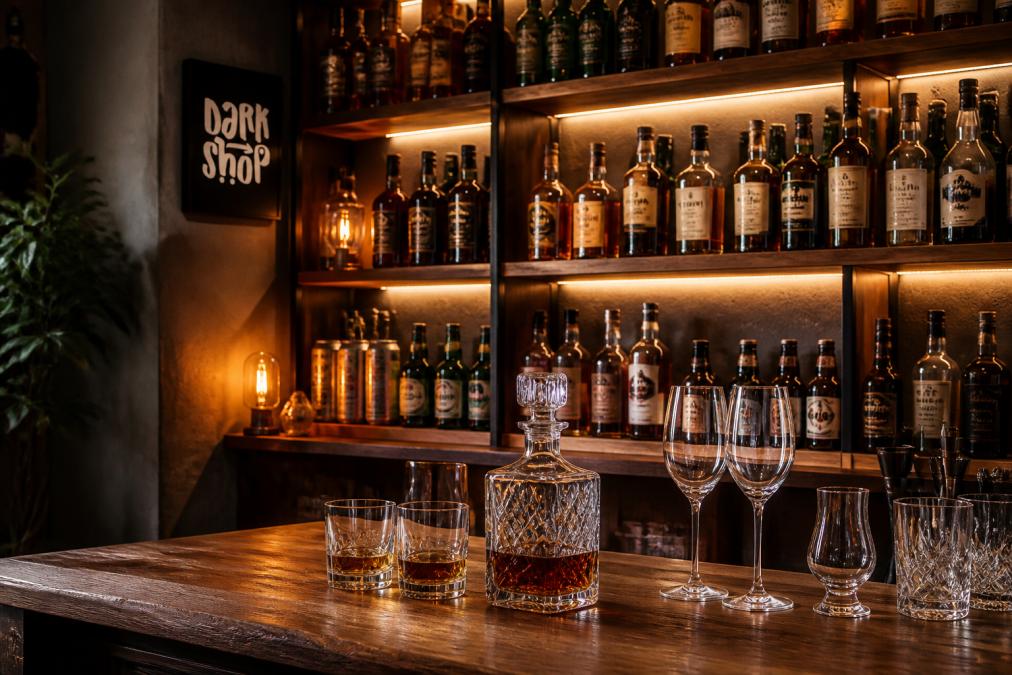 Elegancki domowy bark z ciepłym oświetleniem, na dębowych półkach różnorodne butelki whisky, wina i piw rzemieślniczych, obok kryształowe szklanki i kieliszki do degustacji