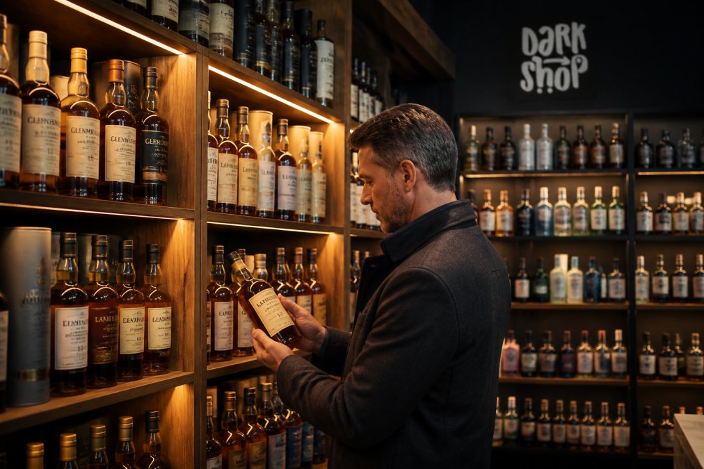 Półka sklepu specjalistycznego z butelkami whisky single malt obok półki z szerokim asortymentem alkoholi z całego świata, ciepłe oświetlenie, koneser porównujący etykiety