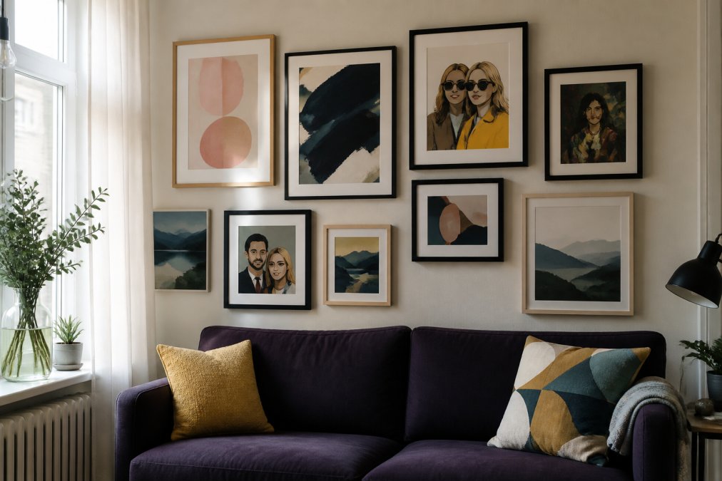 A completed gallery wall in a small rented flat with mixed-size frames, varied art styles including abstract prints and personalised portraits, warm and cool tones balanced throughout, natural daylight illuminating the arrangement