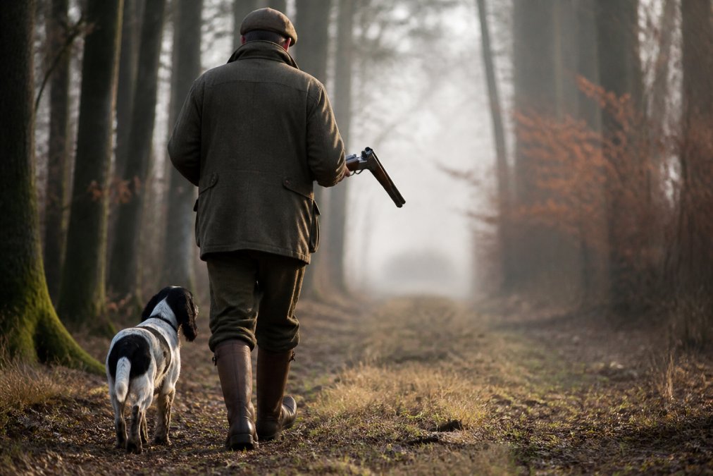 A gamekeeper in tweed clothing and sturdy leather country boots walking through a misty estate woodland at dawn, carrying a shotgun broken open over his arm and a springer spaniel at his heel