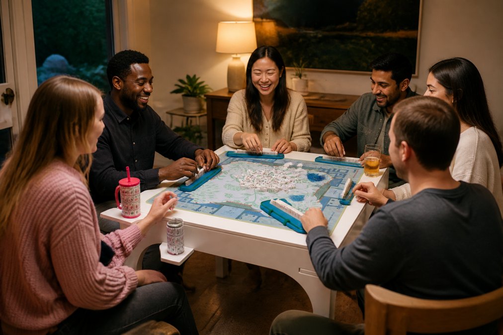 A diverse group of friends gathered around a wooden table playing board games, with colorful game pieces, cards, and drinks visible, smiling and engaged in friendly competition with warm ambient lighting