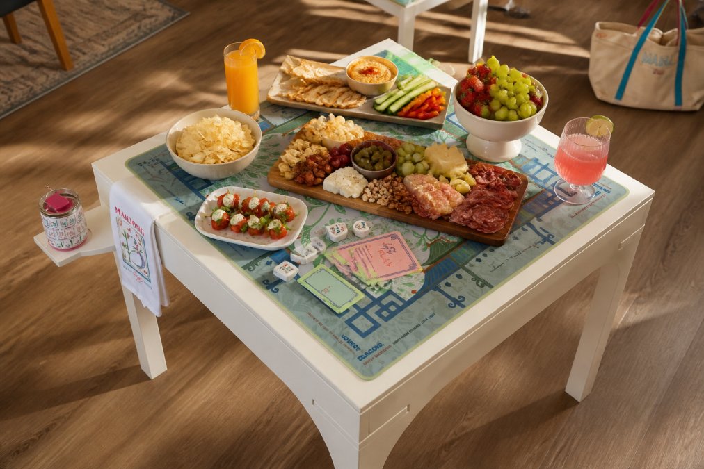 An overhead shot of an elegantly arranged spread of finger foods, appetizers, and colorful beverages displayed on a wooden table with game pieces and cards visible around the edges, natural afternoon light streaming across the setup