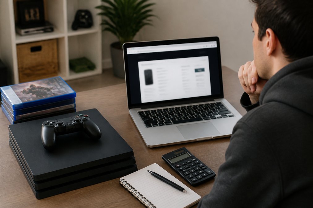 A person at a desk comparing a stack of game cases and a game console next to a laptop showing a trade-in value webpage, with a calculator and notepad nearby in a home office setting
