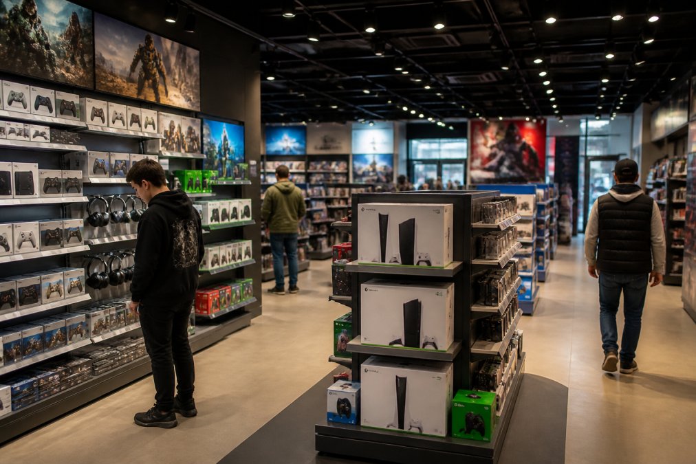 Interior of a modern electronics retail store with gaming consoles, headphones, and gaming peripherals displayed on shelves under bright lighting, with customers browsing