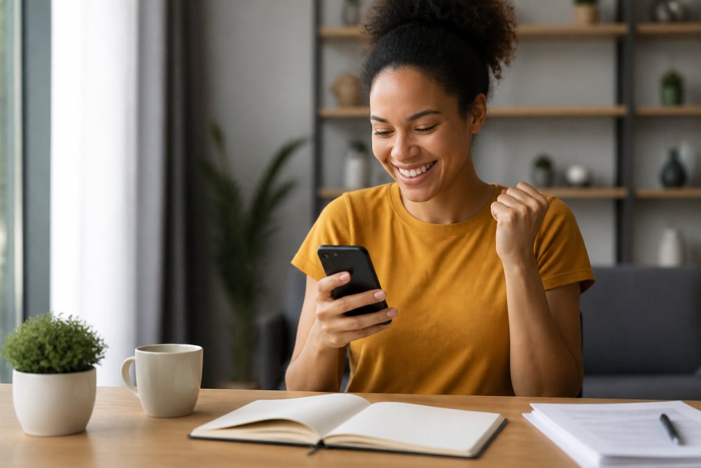 Person at desk smiling while checking off a completed task on their phone, with a notebook and coffee cup nearby, showing moment of achievement and satisfaction